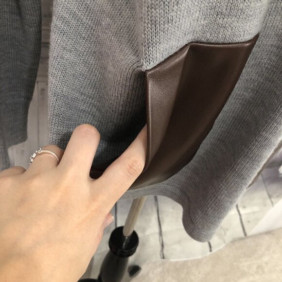 J Crew Womens Small Crewneck Merino Wool Sweater Gray Brown Faux Leather Pockets - Picture 7 of 11